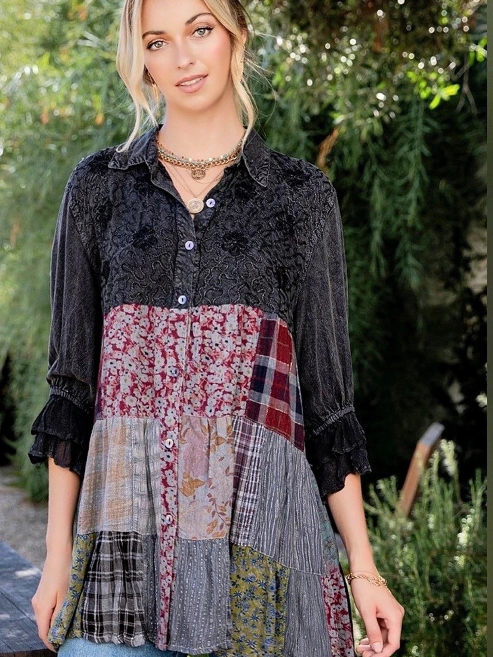 Young Threads #303 Patchwork Embroidered
Boho Long Sleeve Tunic Top
